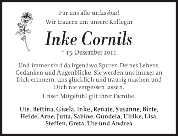 Traueranzeige von Inke Cornils von Husumer Nachrichten