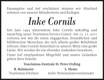 Traueranzeige von Inke Cornils von Husumer Nachrichten