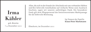 Traueranzeige von Irma Kähler von Elmshorner Nachrichten