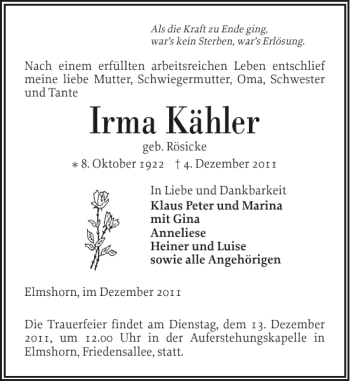 Traueranzeige von Irma Kähler von Elmshorner Nachrichten