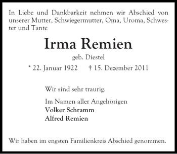 Traueranzeige von Irma Remien von Ostholsteiner Anzeiger