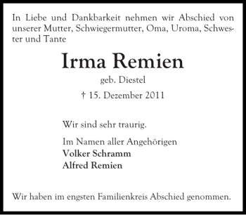 Traueranzeige von Irma Remien von Ostholsteiner Anzeiger
