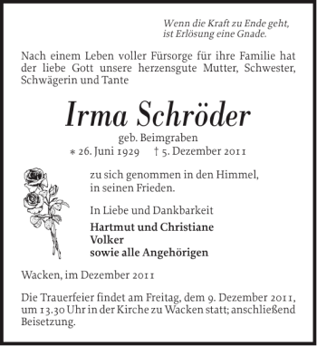 Traueranzeige von Irma Schröder von Norddeutsche Rundschau