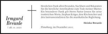Traueranzeige von Irmgard Breunle von Flensburger Tageblatt