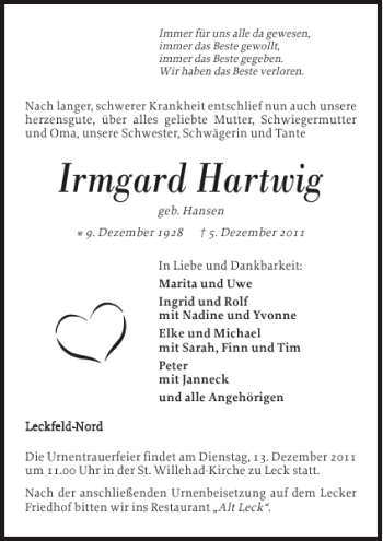 Traueranzeige von Irmgard Hartwig von Nordfriesland Tageblatt