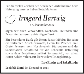 Traueranzeige von Irmgard Hartwig von Nordfriesland Tageblatt