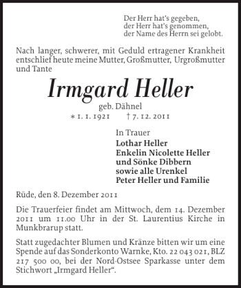 Traueranzeige von Irmgard Heller von Flensburger Tageblatt