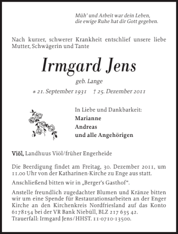 Traueranzeige von Irmgard Jens von Nordfriesland Tageblatt