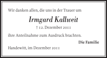 Traueranzeige von Irmgard Kallweit von Flensburger Tageblatt
