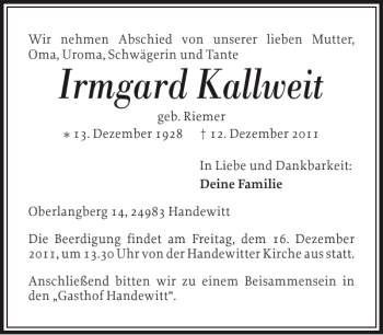 Traueranzeige von Irmgard Kallweit von Flensburger Tageblatt