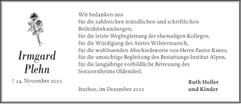 Traueranzeige von Irmgard Plehn von Norddeutsche Rundschau