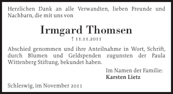 Traueranzeige von Irmgard Thomsen von Schleswiger Nachrichten