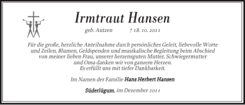 Traueranzeige von Irmtraut Hansen von Nordfriesland Tageblatt