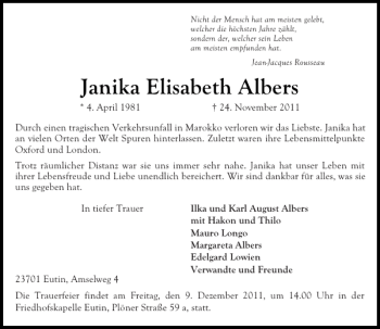 Traueranzeige von Janika Elisabeth Albers von Ostholsteiner Anzeiger