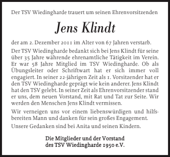 Traueranzeige von Jens Klindt von Nordfriesland Tageblatt
