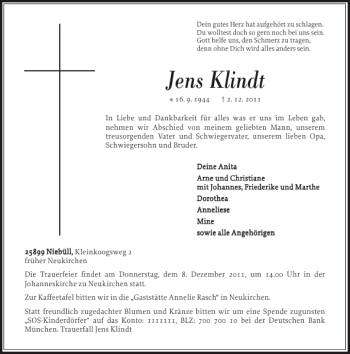 Traueranzeige von Jens Klindt von Nordfriesland Tageblatt