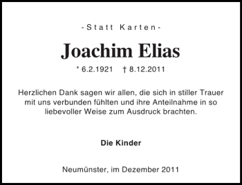 Traueranzeige von Joachim Elias von Holsteinischer Courier