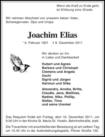 Traueranzeige von Joachim Elias von Holsteinischer Courier