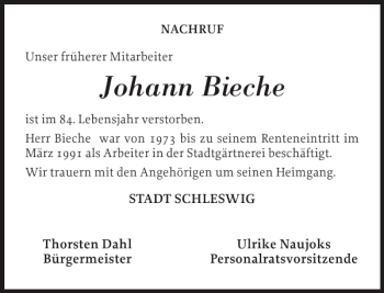 Traueranzeige von Johann Bieche von Schleswiger Nachrichten