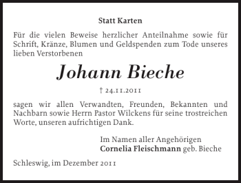 Traueranzeige von Johann Bieche von Schleswiger Nachrichten