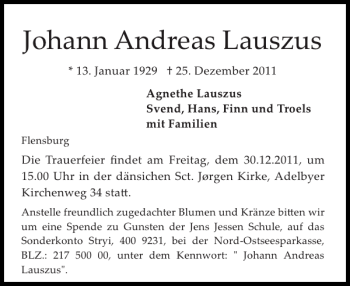 Traueranzeige von Johann Andreas Lauszus von Flensburger Tageblatt