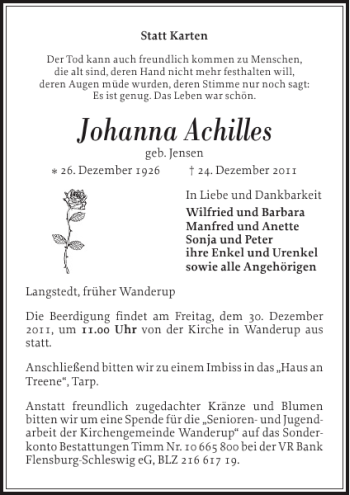 Traueranzeige von Johanna Achilles von Flensburger Tageblatt