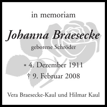 Traueranzeige von Johanna Braesecke von Eckernförder Zeitung