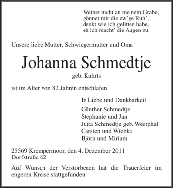 Traueranzeige von Johanna Schmedtje von Norddeutsche Rundschau