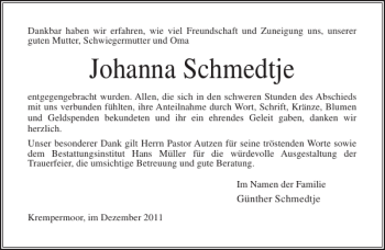 Traueranzeige von Johanna Schmedtje von Norddeutsche Rundschau