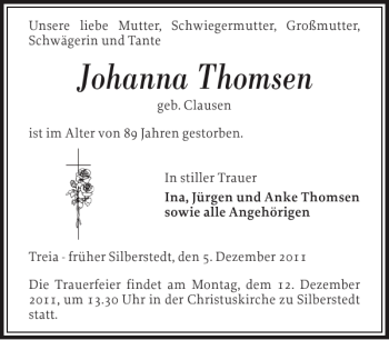 Traueranzeige von Johanna Thomsen von Schleswiger Nachrichten