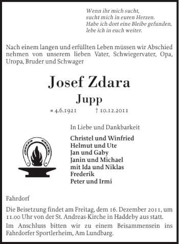 Traueranzeige von Josef Zdara von Schleswiger Nachrichten