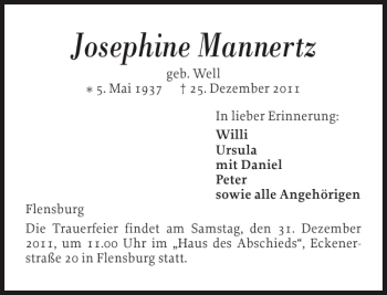 Traueranzeige von Josephine Mannertz von Flensburger Tageblatt