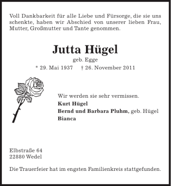 Traueranzeige von Jutta  von Pinneberger Tageblatt