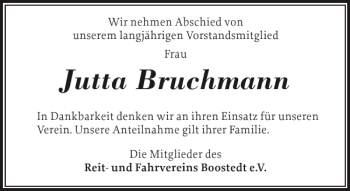 Traueranzeige von Jutta Bruchmann von Holsteinischer Courier