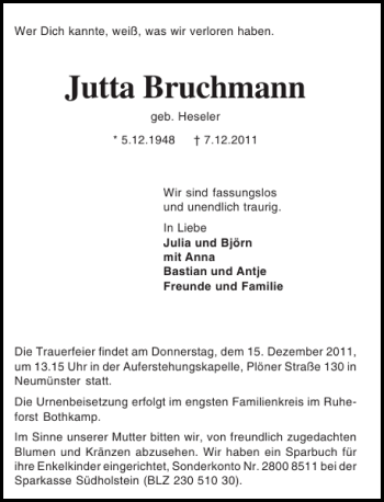 Traueranzeige von Jutta Bruchmann von Holsteinischer Courier
