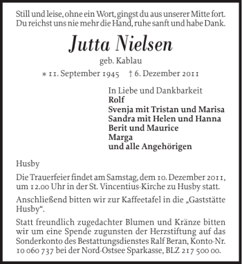 Traueranzeige von Jutta Nielsen von Flensburger Tageblatt