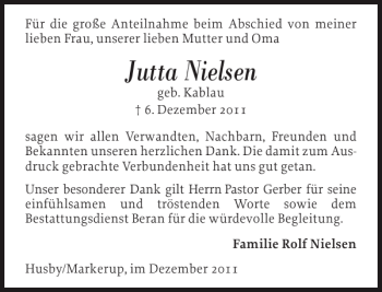 Traueranzeige von Jutta Nielsen von Flensburger Tageblatt
