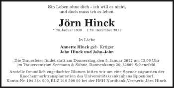 Traueranzeige von Jörn Hinck von Husumer Nachrichten