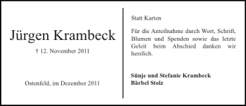 Traueranzeige von Jürgen Krambeck von Landeszeitung