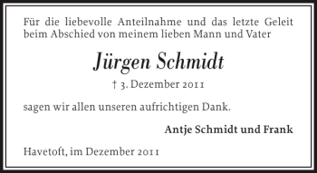 Traueranzeige von Jürgen Schmidt von Flensburger Tageblatt