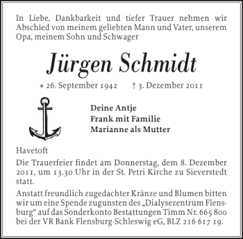 Traueranzeige von Jürgen Schmidt von Flensburger Tageblatt