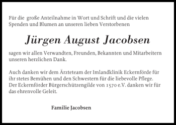 Traueranzeige von Jürgen August Jacobsen von Eckernförder Zeitung