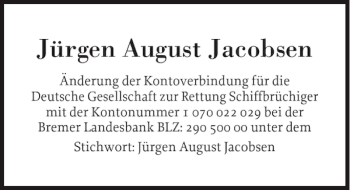 Traueranzeige von Jürgen August Jacobsen von Eckernförder Zeitung