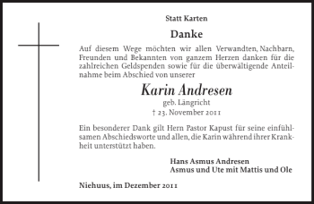 Traueranzeige von Karin Andresen von Flensburger Tageblatt