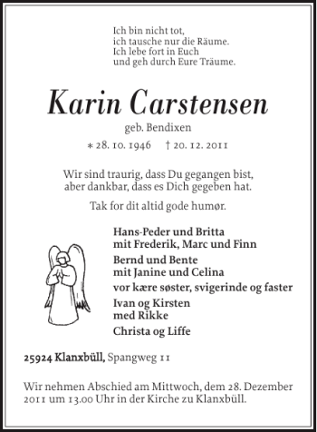 Traueranzeige von Karin Carstensen von Nordfriesland Tageblatt