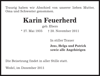 Traueranzeige von Karin Feuerherd von Pinneberger Tageblatt