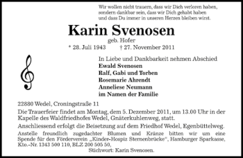 Traueranzeige von Karin Svenosen von Wedel-Schulauer Tageblatt