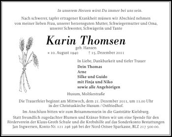 Traueranzeige von Karin Thomsen von Husumer Nachrichten
