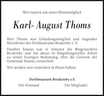 Traueranzeige von Karl-August Thoms von Schleswiger Nachrichten