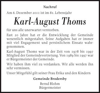 Traueranzeige von Karl-August Thoms von Schleswiger Nachrichten
